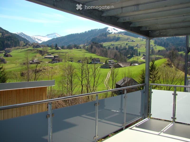 Balcony with a panoramic view of a green valley, scattered houses, and snow-capped mountains in the background.
