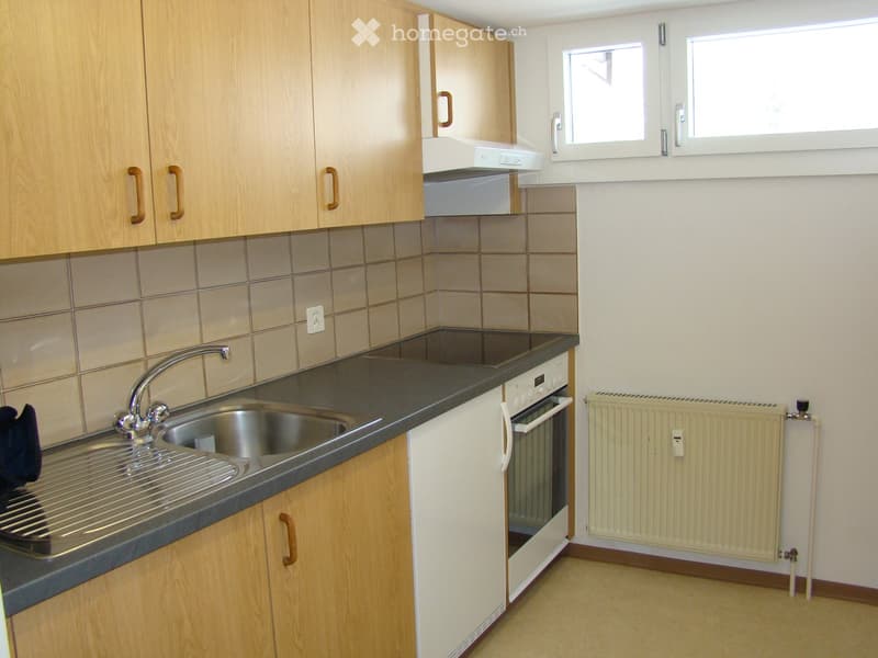 Modern kitchen with wooden cabinets, stainless steel sink, oven, and radiator.