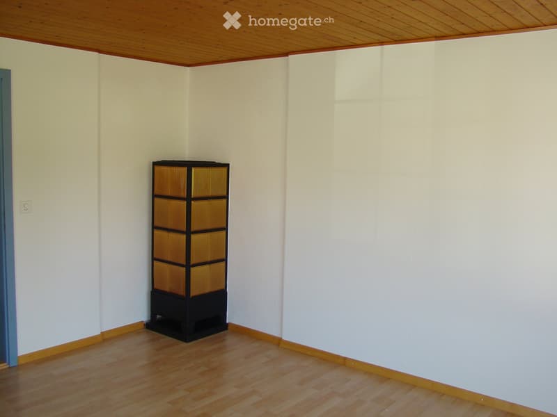 A small, unfurnished room with light-colored walls and wooden flooring. A single black screen is positioned against the wall.