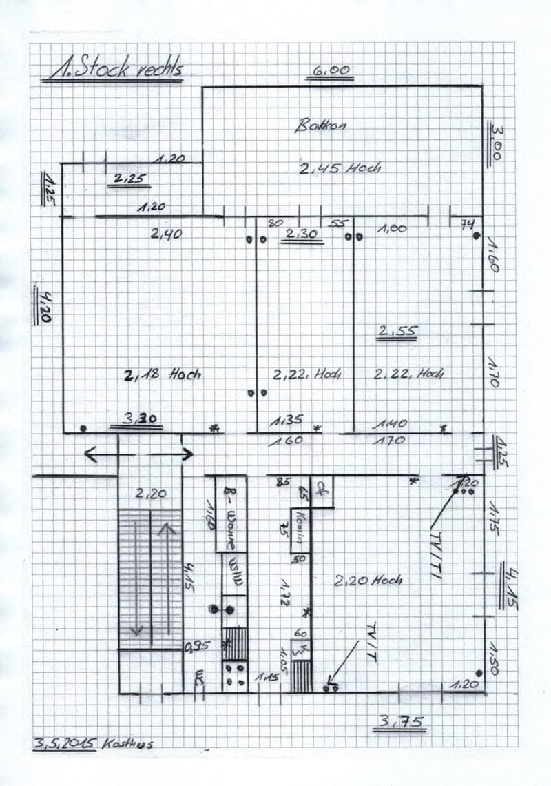 Hand-drawn floor plan of a multi-room space with labeled dimensions and room names, including a balcony.