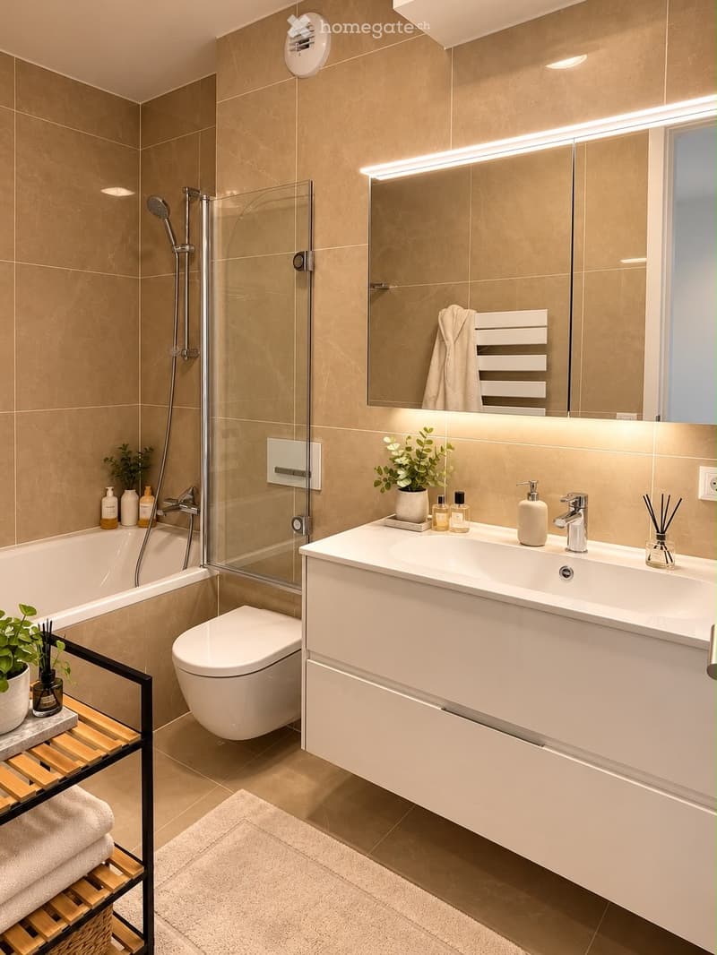 Modern bathroom with beige tiles, a bathtub, toilet, sink, and a large mirror with built-in lighting. Includes a glass-enclosed shower, a small shelf with towels, and decorative plants.