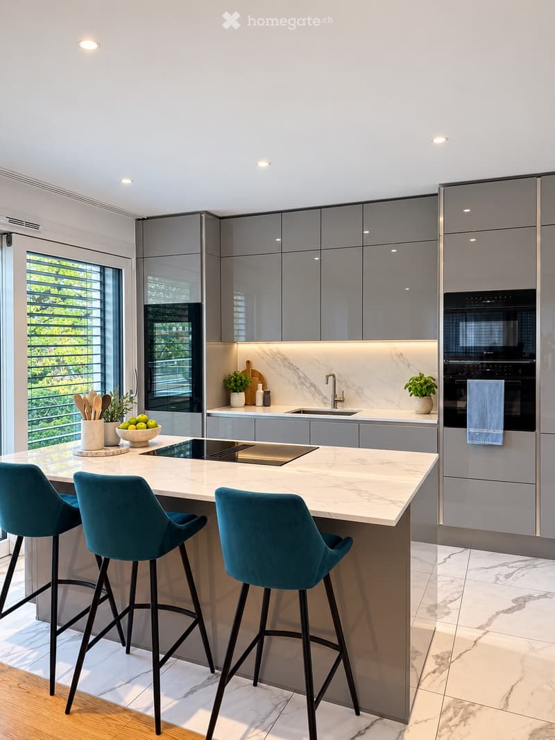 Modern kitchen with grey cabinets, marble countertops, island with bar stools, built-in oven, sink, and decorative plants.