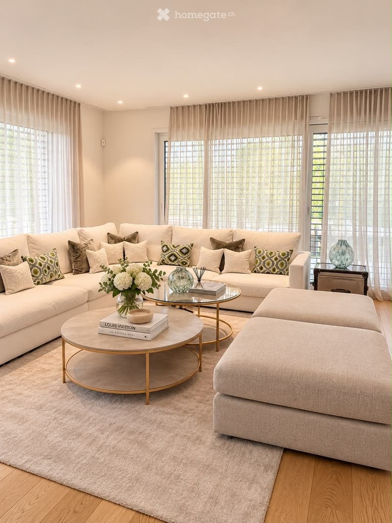 Modern living room with a large sectional sofa, ottoman, round coffee table, side table, decorative vases, and books. The room features large windows with sheer curtains and a plush rug on the floor.