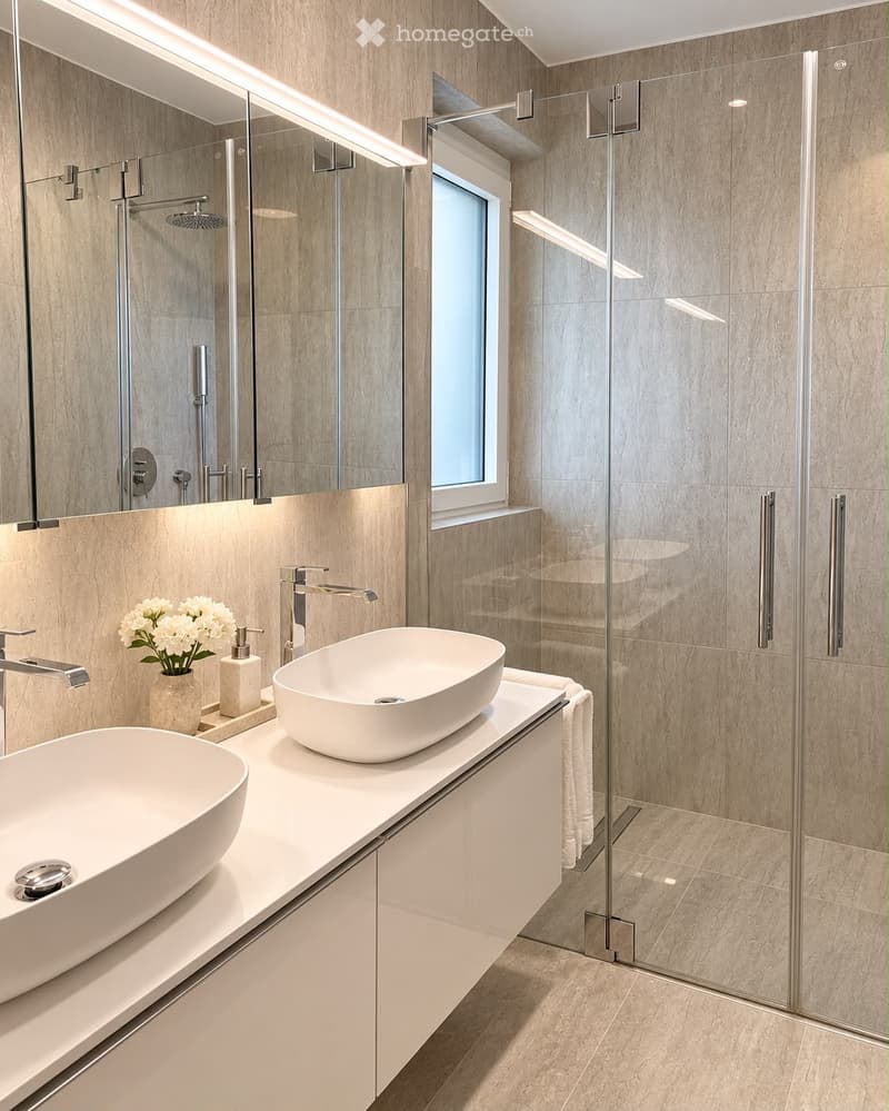 Modern bathroom with two white sinks, a large mirror, a glass-enclosed shower, and a vase with white flowers on the counter.