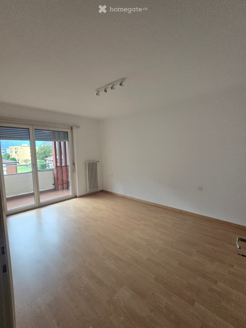 Empty room with light wooden flooring, white walls, and a large sliding glass door leading to a balcony.