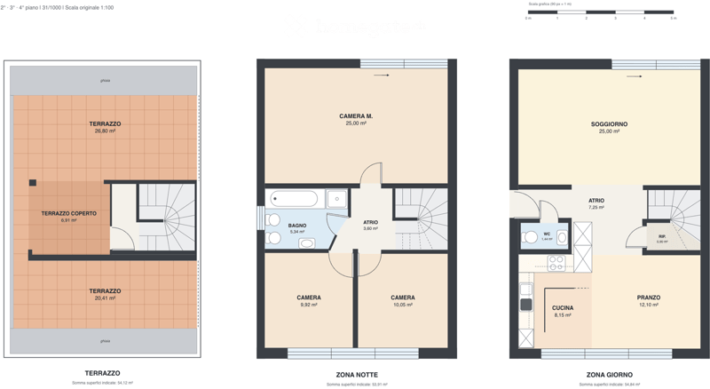 Floor plan of a 3-room apartment with a bedroom, living area, kitchen, bathroom, and terraces.