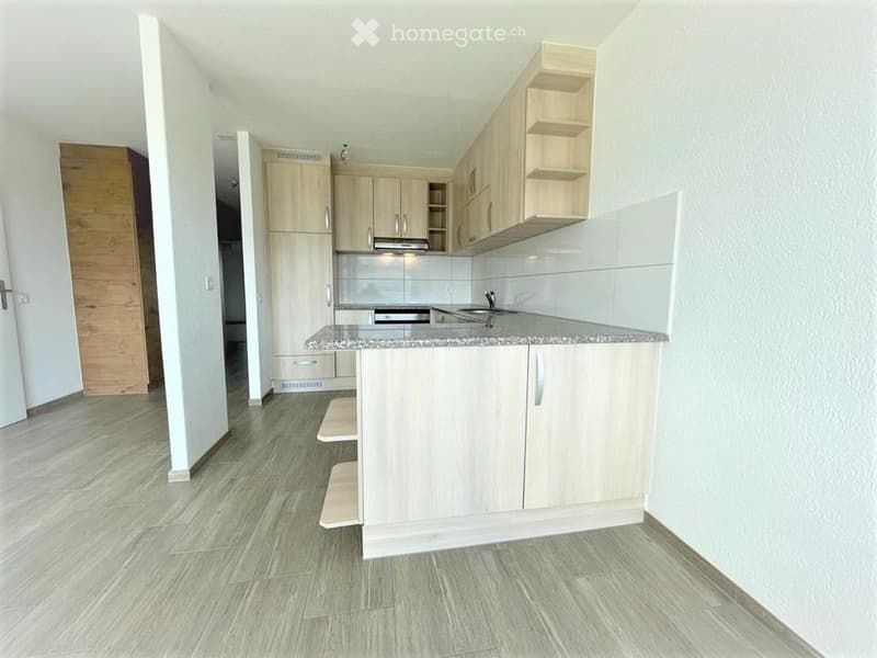 Modern kitchen with light wooden cabinets, granite countertop, and stainless steel appliances.