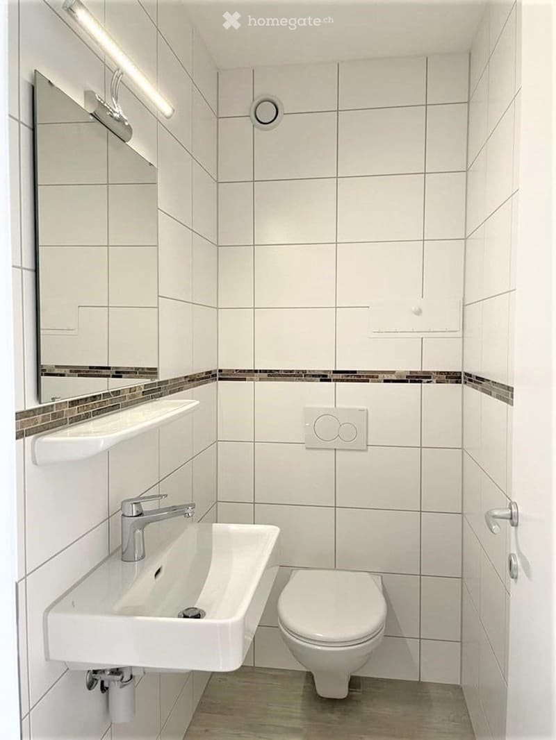 Modern bathroom with white tiles, a sink with a chrome faucet, a toilet, and a mirror with a decorative border.