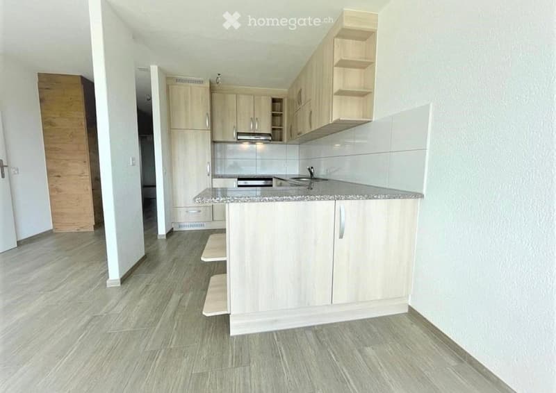 Modern kitchen with light wooden cabinets, granite countertop, and stainless steel sink.