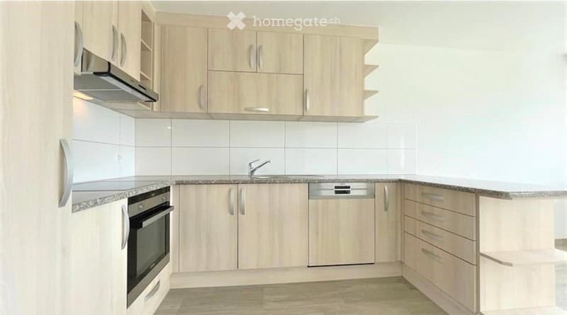 Modern kitchen with light wood cabinets, granite countertops, stainless steel appliances including an oven and dishwasher, and a sink with a modern faucet.