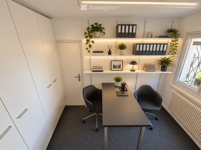 Modern office space with a sleek black desk, two ergonomic chairs, built-in shelving with plants, books, and decorative items, and a large window providing natural light.