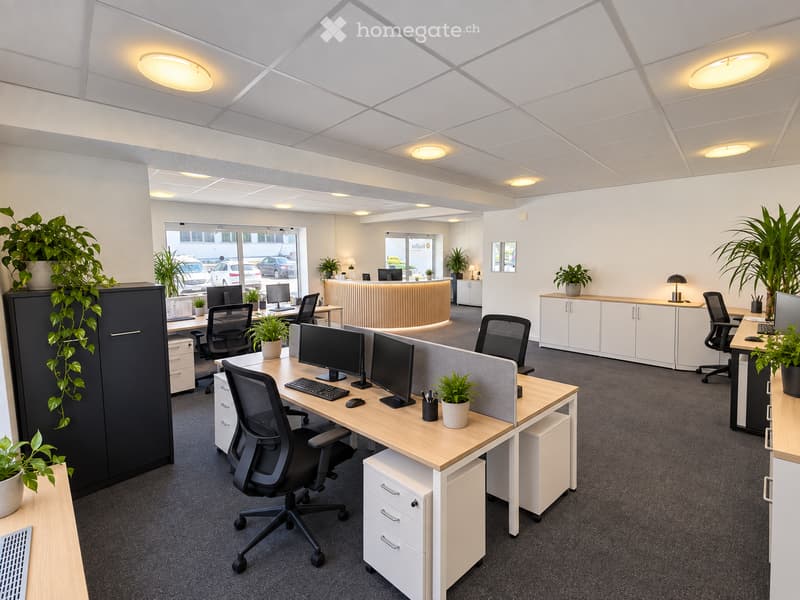 Modern office space with desks, chairs, computer monitors, keyboards, and potted plants. The area features white walls, a grey carpeted floor, and a curved reception desk in the background.