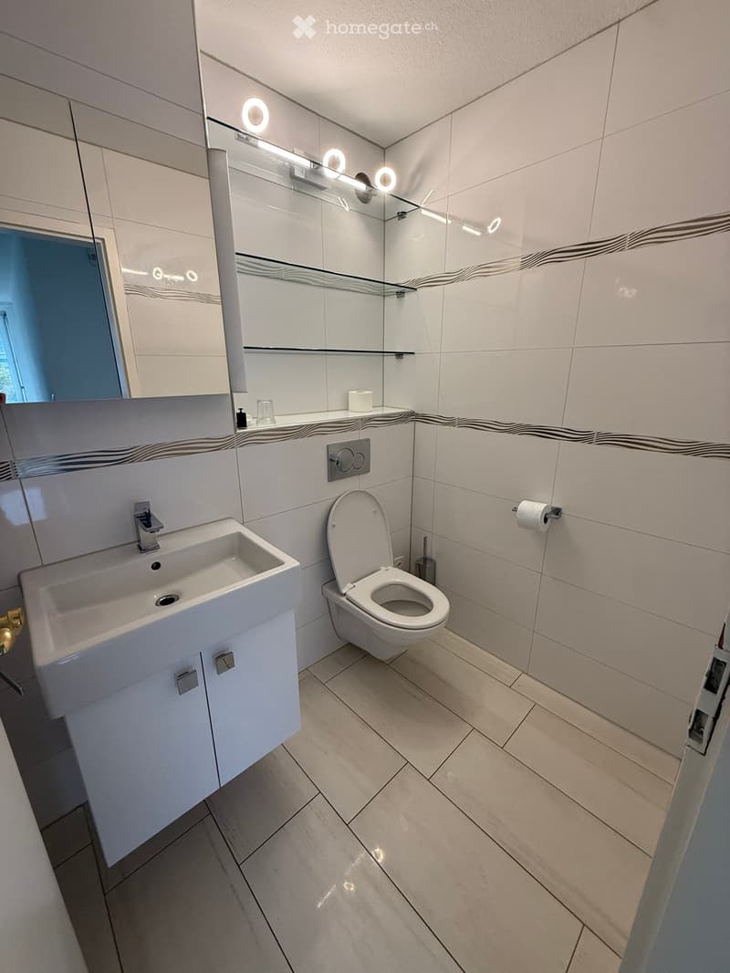 Modern bathroom with white tiles, a sink with a modern faucet, a toilet, a large mirror with built-in lighting, and a toilet paper holder. The walls feature a decorative black wavy pattern.