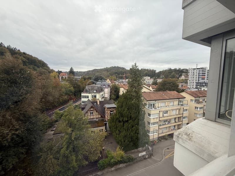 Balcony view overlooking a residential area with houses, trees, and a road. The scene includes a mix of modern and traditional buildings, surrounded by greenery and a hill in the background.