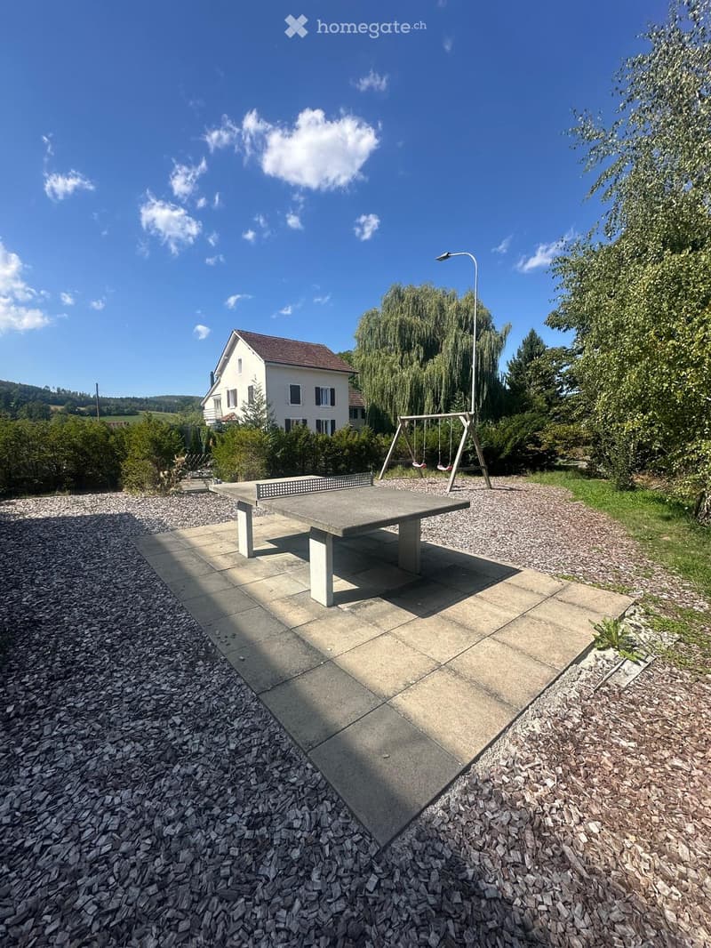 Outdoor area with a concrete table, swing set, and a house in the background.