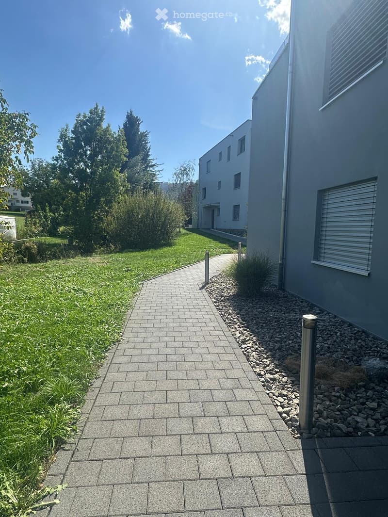 Garden area with a paved pathway leading to a modern building, surrounded by greenery and trees.