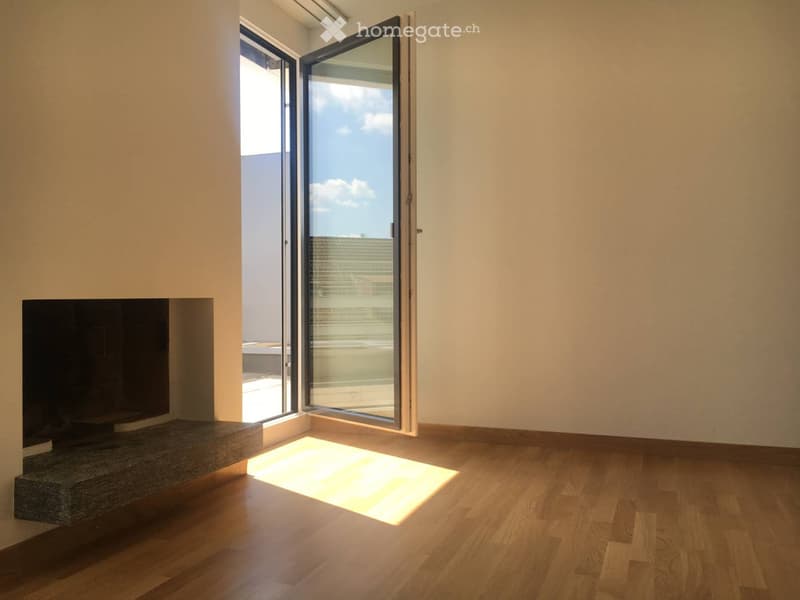 Empty room with wooden flooring, large glass sliding doors leading to a balcony, and a fireplace on the left side.