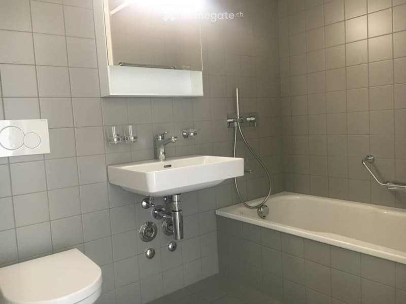 Modern bathroom with a white sink, bathtub, toilet, and mirror. The sink has a chrome faucet and is mounted on a tiled wall. A handheld shower hose is attached to the wall above the bathtub, which has a built-in seat. A small mirror is mounted above the s
