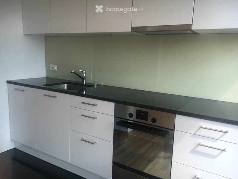 Modern kitchen with white cabinets, black countertops, a stainless steel sink, and a built-in oven.