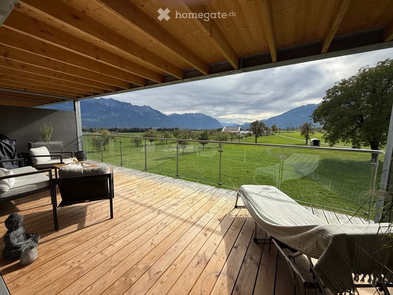 Wooden deck with a glass railing, overlooking a green field and mountains. Features a sofa, chairs, a small table, and a decorative statue.