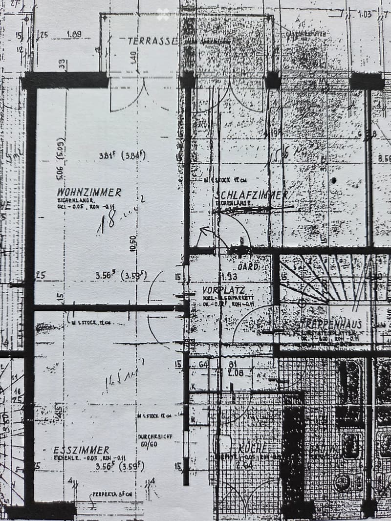 Floor plan showing a living room, bedroom, dining room, kitchen, hallway, and balcony.