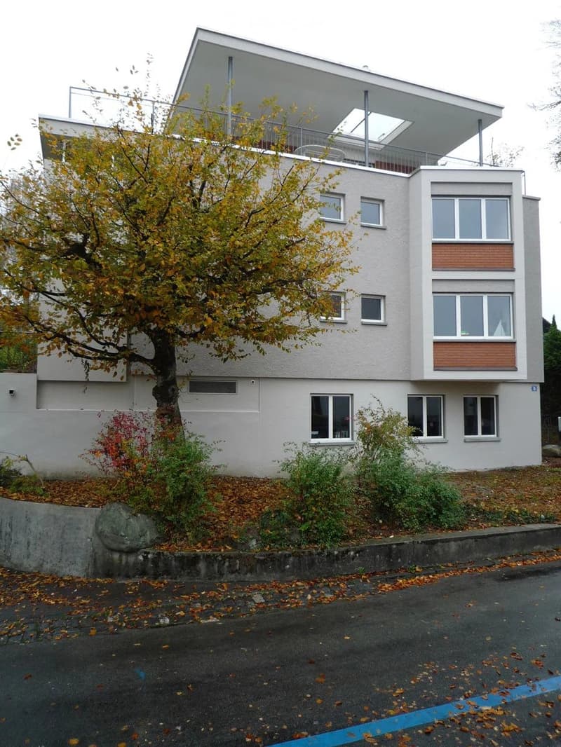 Modern two-story building with a flat roof, large windows, and a balcony on the upper level. The facade is light-colored with some wooden accents. There is a tree and some shrubs in front of the building.