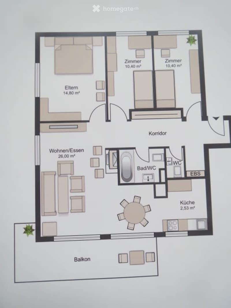 Floor plan of a 3-room apartment with a living/dining area, kitchen, two bedrooms, bathroom, and balcony.