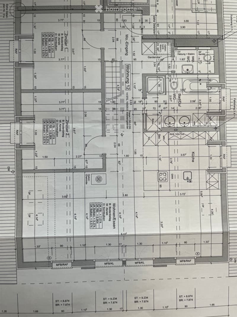 Floor plan of a multi-story residential building with labeled rooms, dimensions, and structural details. Includes living areas, bedrooms, bathrooms, and utility spaces.