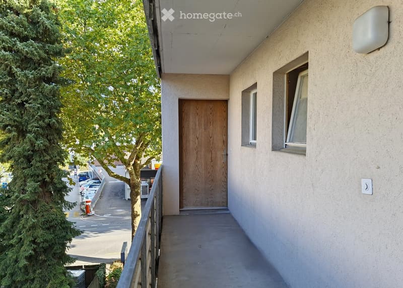 Balcony with a wooden door leading to the building, metal railing, and a view of the street with parked cars and greenery.