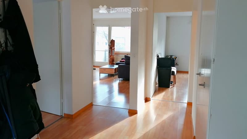 A well-lit hallway with wooden flooring, leading to a living area with a sofa, coffee table, and a view of the outside through large windows.