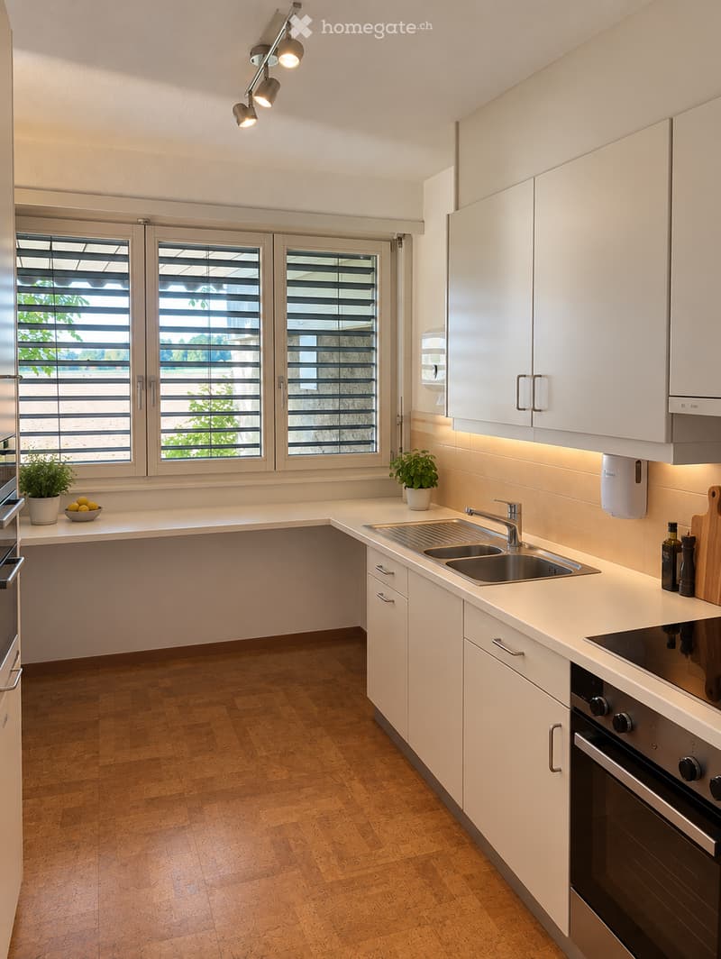 Modern kitchen with white cabinets, wooden flooring, and a large window with blinds. Features a stainless steel sink, oven, and countertop with small decorative items.