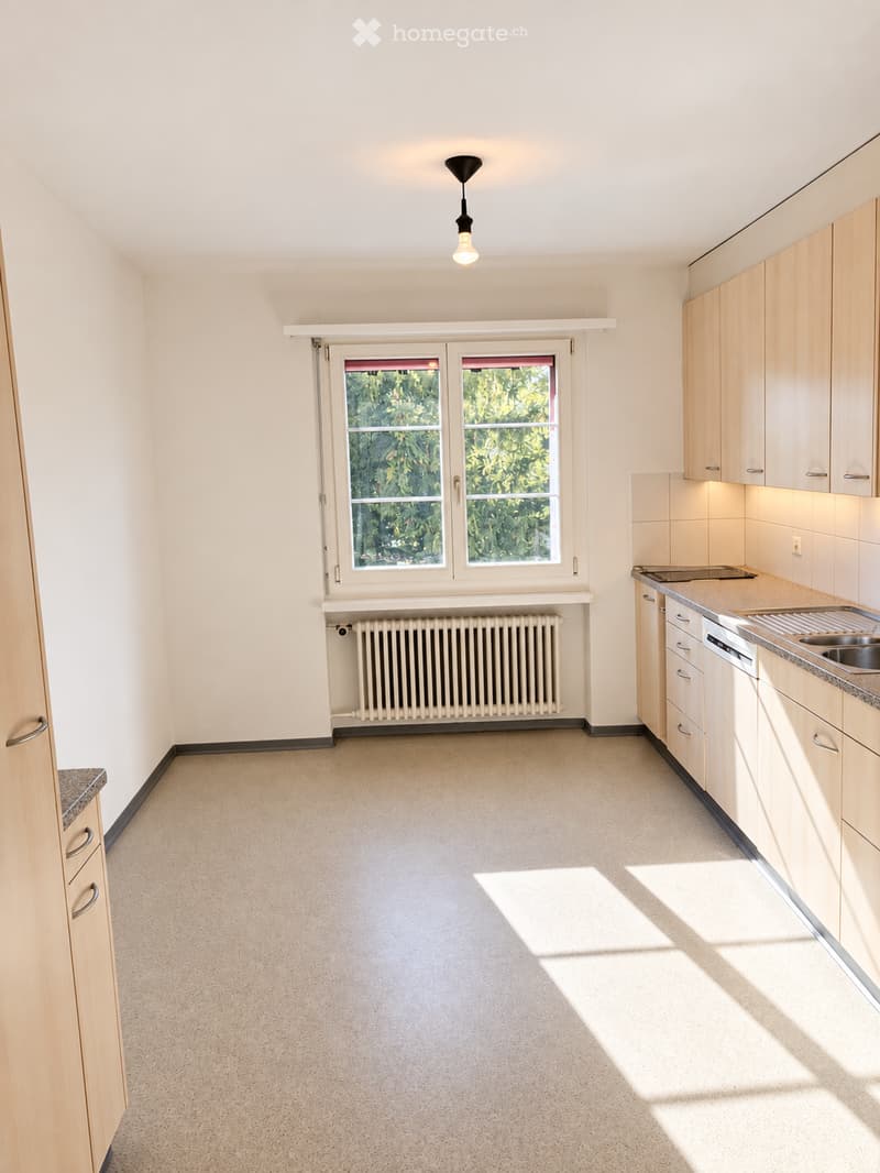 Empty kitchen with light wooden cabinets, a countertop, and a window overlooking greenery. The space includes a radiator and a pendant light fixture.