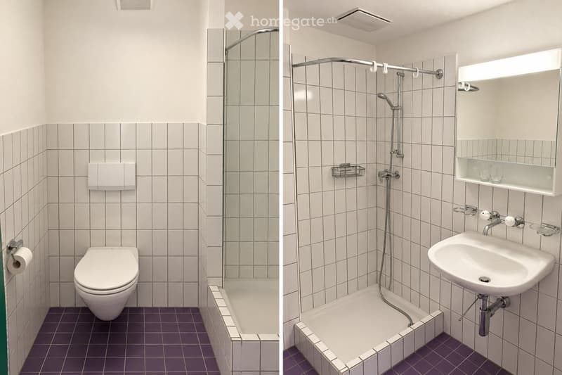 Two adjacent bathrooms with white tiled walls and purple tiled floors. The left bathroom features a toilet, bathtub, and a glass shower enclosure. The right bathroom includes a sink, bathtub, shower, and a mirror with built-in storage shelves.
