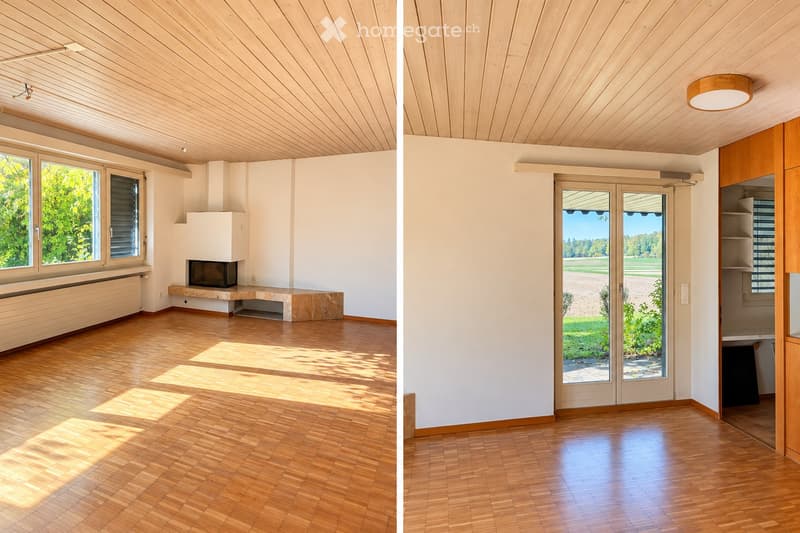 Two unfurnished rooms with wooden floors, white walls, and large windows. The left room features a fireplace and built-in bench, while the right room has a sliding glass door leading to an outdoor area.