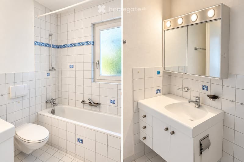 Two bathrooms: one with a bathtub, toilet, and shower, the other with a sink, mirror, and cabinet.