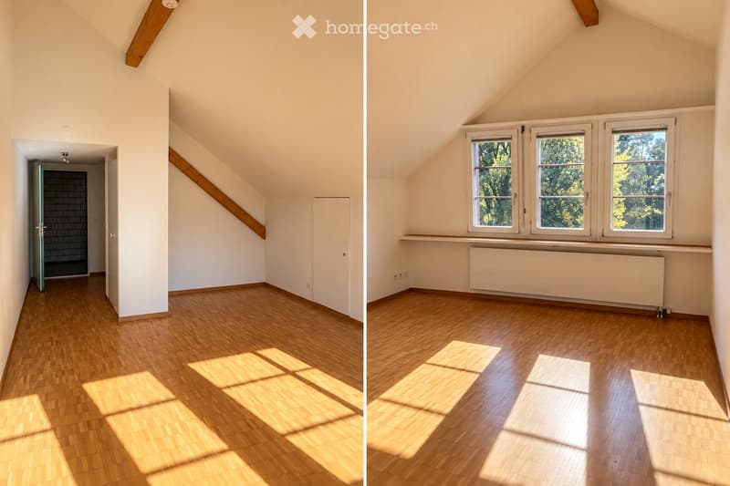 Two images of an unfurnished attic room with wooden flooring, white walls, and large windows allowing natural light. The room features exposed wooden beams and a radiator under the windows.