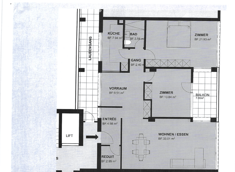 Floor plan showing a kitchen, bathroom, living/dining area, hallway, entrance, and two bedrooms with a balcony.