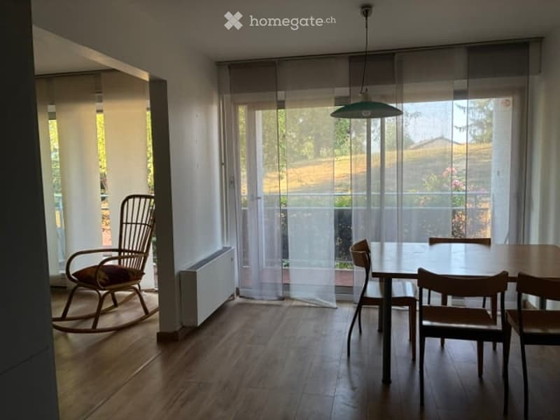 Bright dining area with wooden flooring, large windows with sheer curtains, a rocking chair, a dining table with chairs, and a radiator under the window.