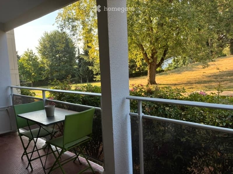 Balcony with metal railing, small table, and two green chairs, overlooking a green park with trees and a lawn.