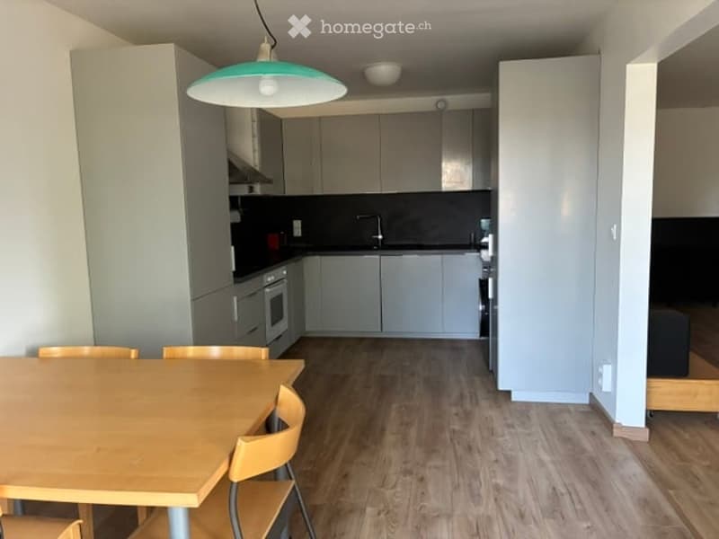 Modern kitchen and dining area with light grey cabinets, wooden dining table, chairs, and stainless steel appliances including an oven and dishwasher.