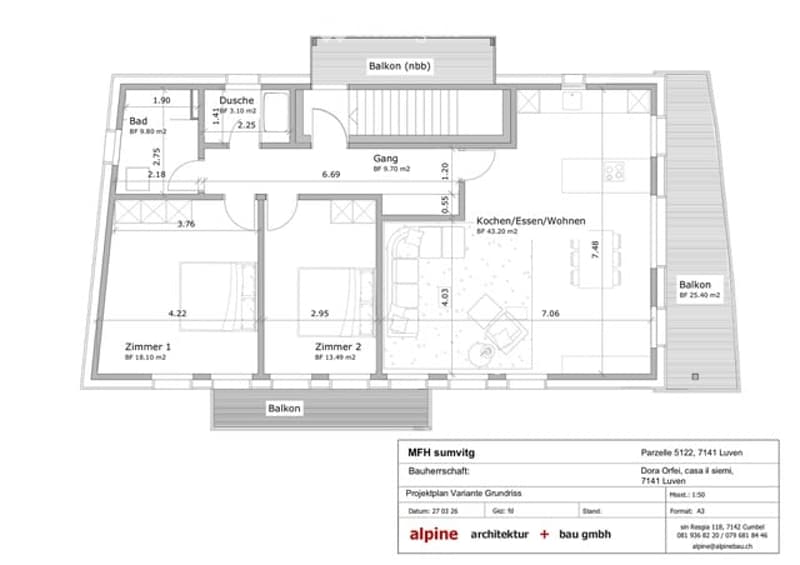 Floor plan of a 2-room apartment with kitchen/living area, two bedrooms, bathroom, and three balconies.