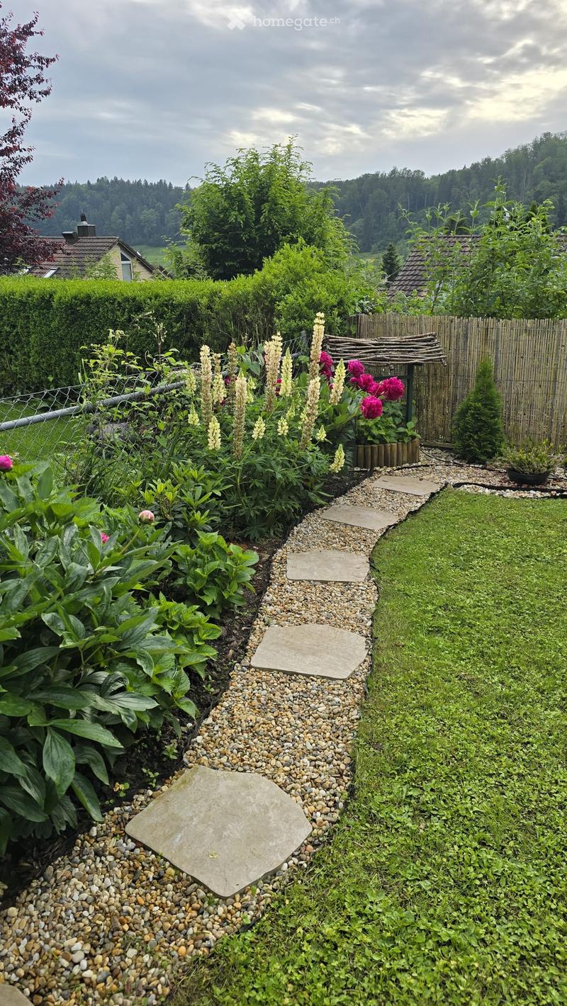 Well-maintained garden with a gravel pathway, lush greenery, flowering plants, and a bamboo fence.