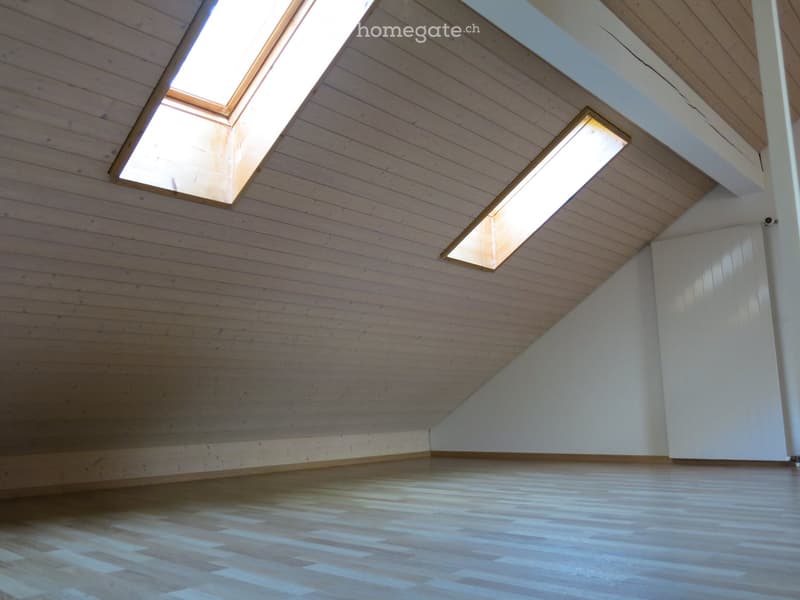 Empty attic space with wooden walls, ceiling, and floor, featuring skylights and recessed lighting.