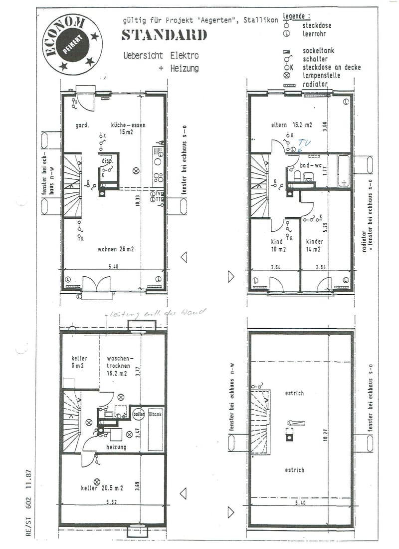 Floor plan of a residential building showing multiple rooms including kitchen-dining area, living room, bedrooms, bathrooms, and cellar spaces. Includes electrical and heating layout with symbols for sockets, switches, and radiators.