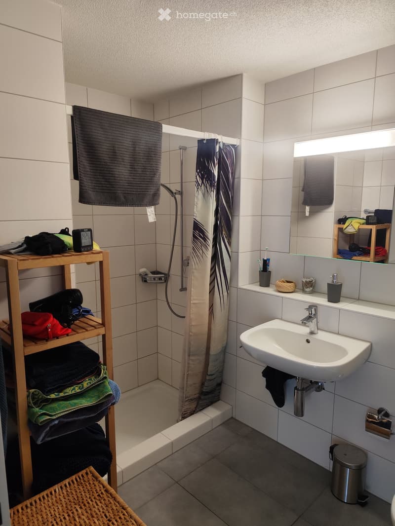 Modern bathroom with a white sink, mirror, shower area, and wooden shelf holding towels and personal items.
