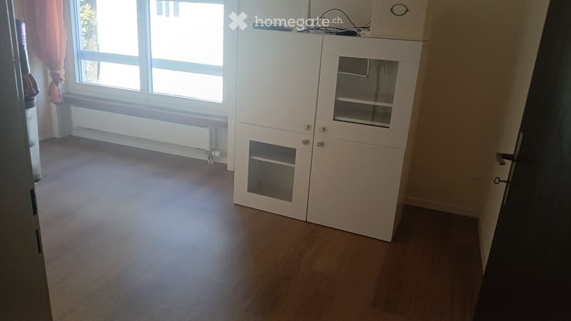 Empty room with wooden flooring, white cabinet, large window with pink curtains, and a radiator below the window.