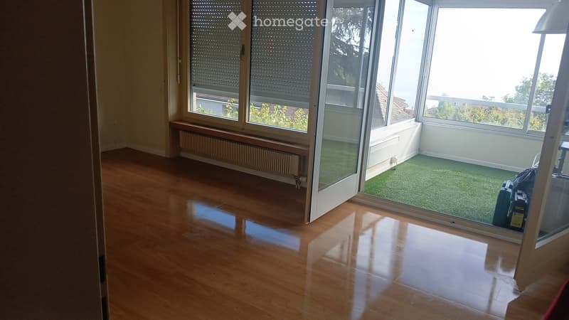 Empty room with wooden flooring, large windows, and a small balcony area with artificial grass.