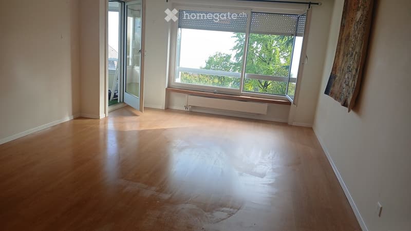 Empty room with wooden flooring, large window with blinds, radiator, and an open sliding door leading to a balcony.