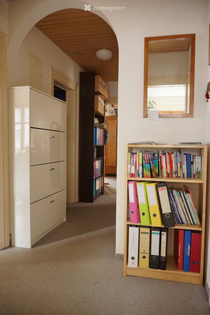 A narrow hallway with carpeted floor, arched ceiling, and built-in shelving units containing books and binders. A mirror is mounted on the wall.