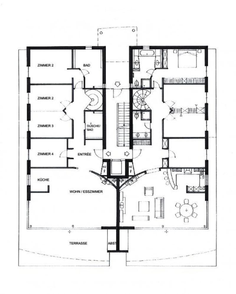 Floor plan of a multi-room house with a living/dining area, kitchen, four bedrooms, two bathrooms, entrance, and a terrace.